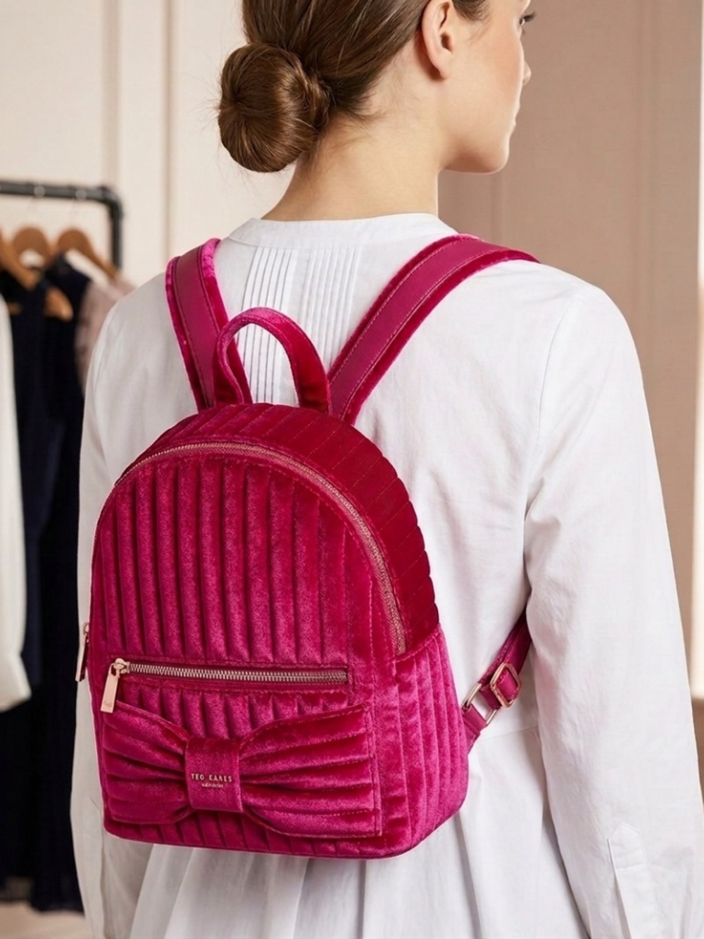 Ted Baker Rihanai Velvet Bow Backpack Fuchsia Pink Quilted Designer Bag Medium